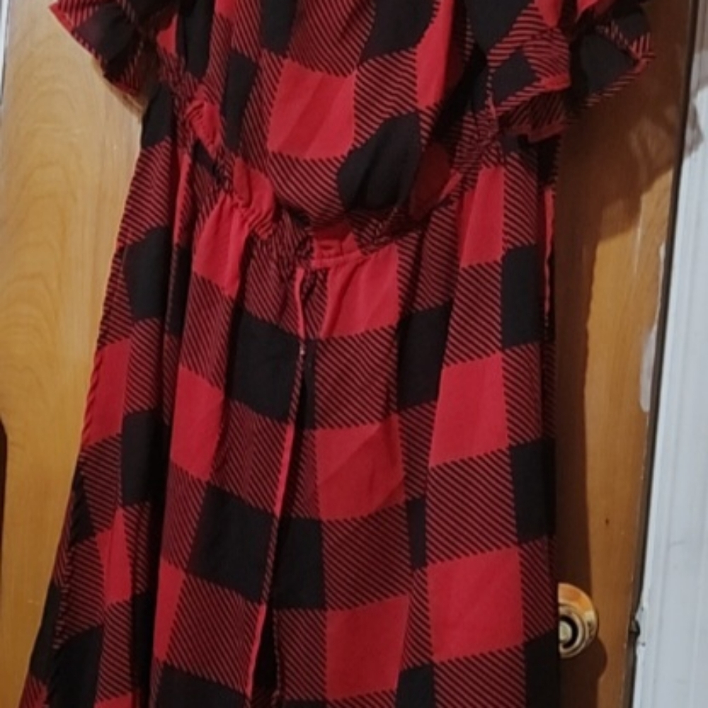 Ashley Stewart Red and Black Ruffled Blouse with Peter Pan Collar